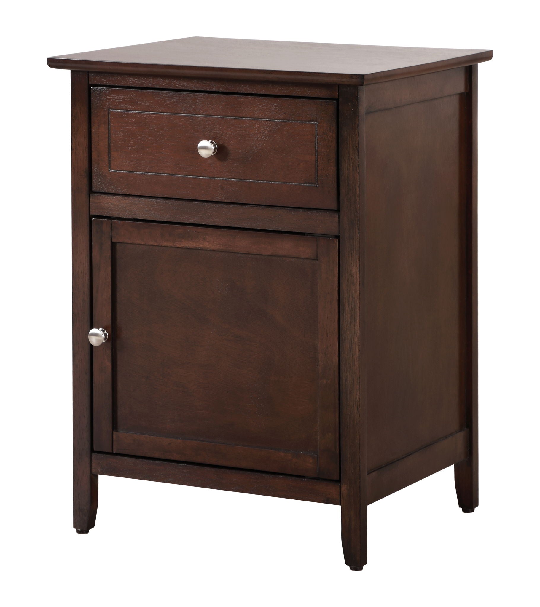 The Izzy 1 Drawer/1 Door Nightstand features a dark wood finish, a top drawer and lower cabinet door with silver knobs, a simple rectangular design, and stands on four short legs.