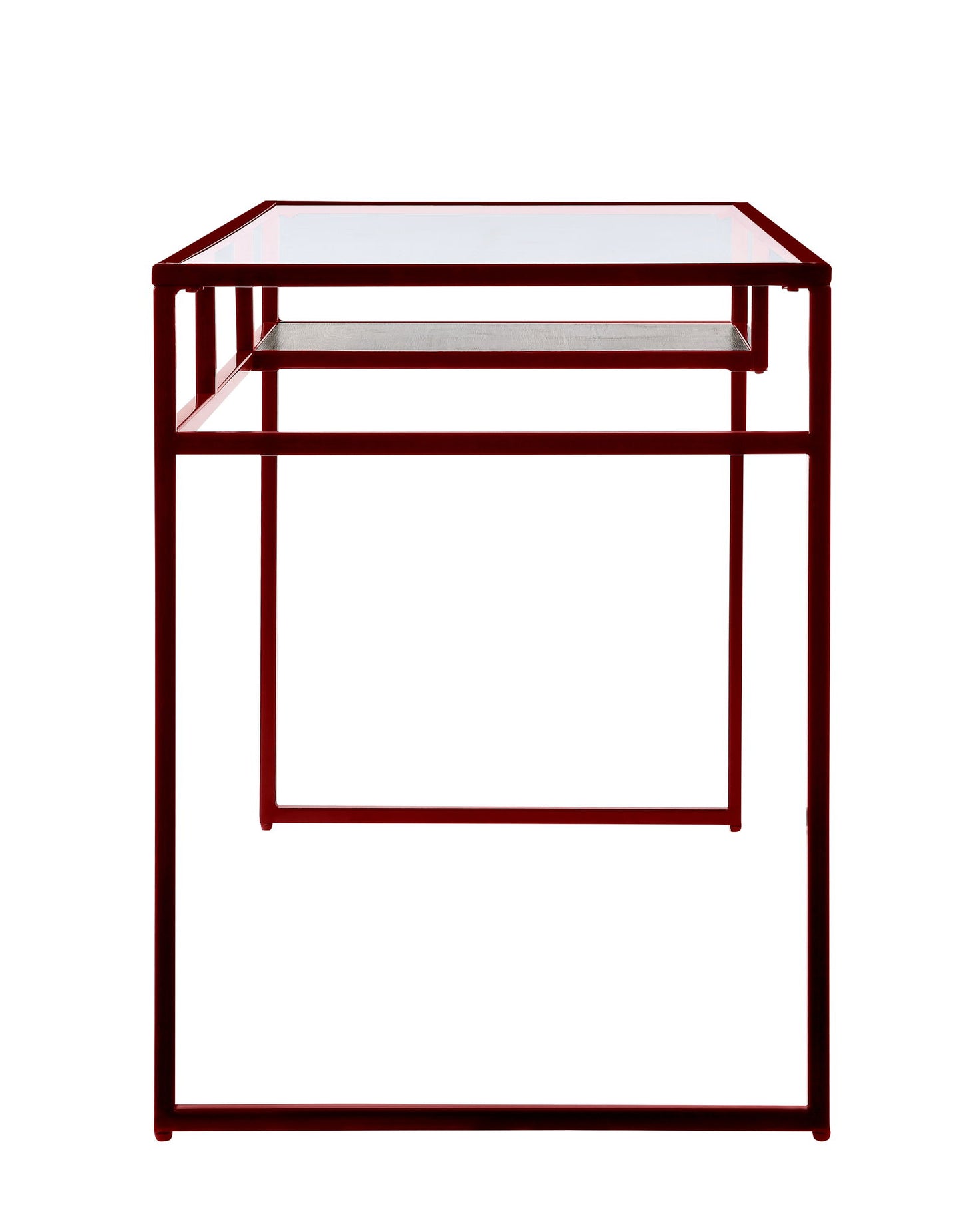 The Yasin - Glass Top Writing Desk features a minimalist, geometric design with a red metal frame and a clear glass top, shown from the front.