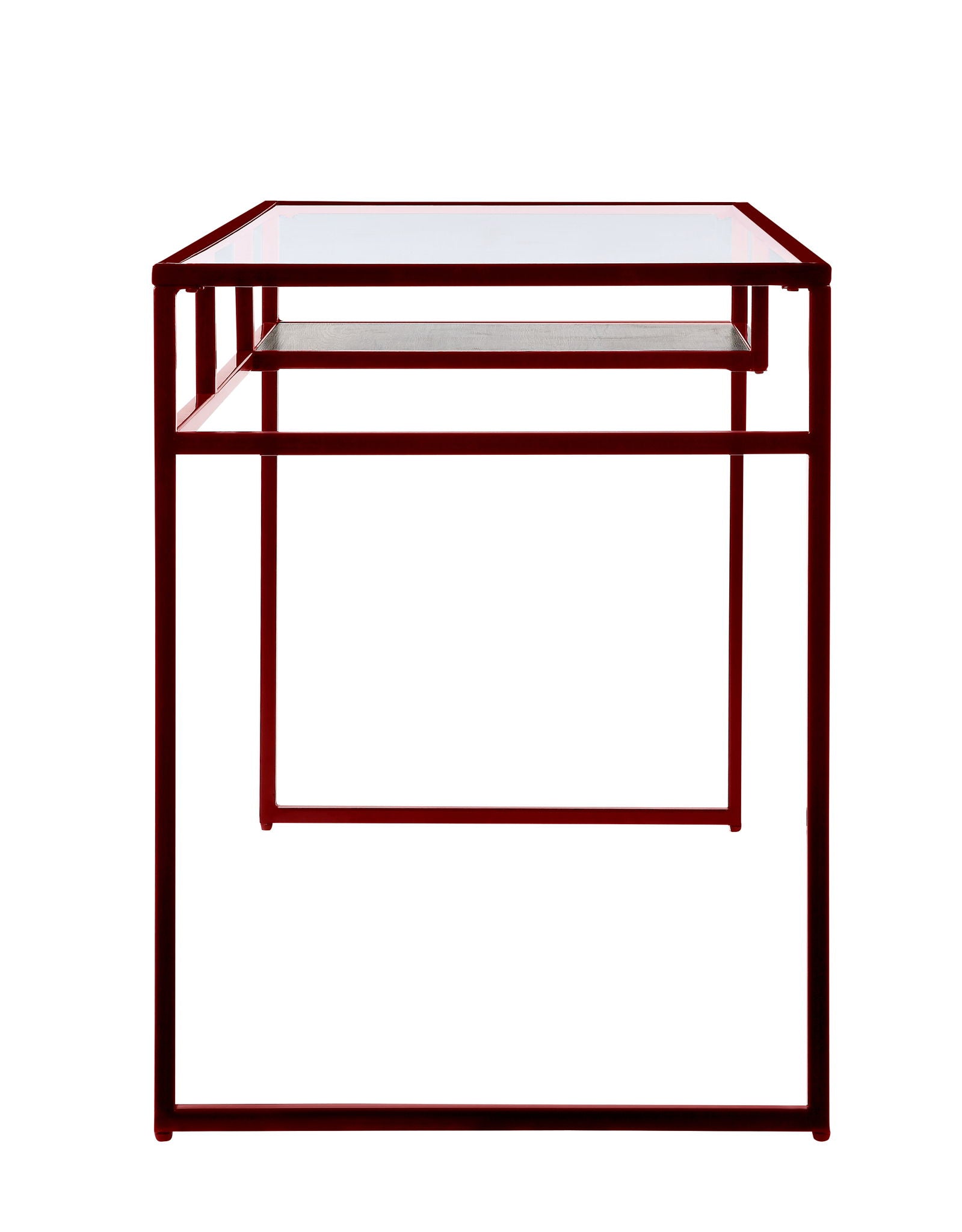 The Yasin - Glass Top Writing Desk features a minimalist, geometric design with a red metal frame and a clear glass top, shown from the front.