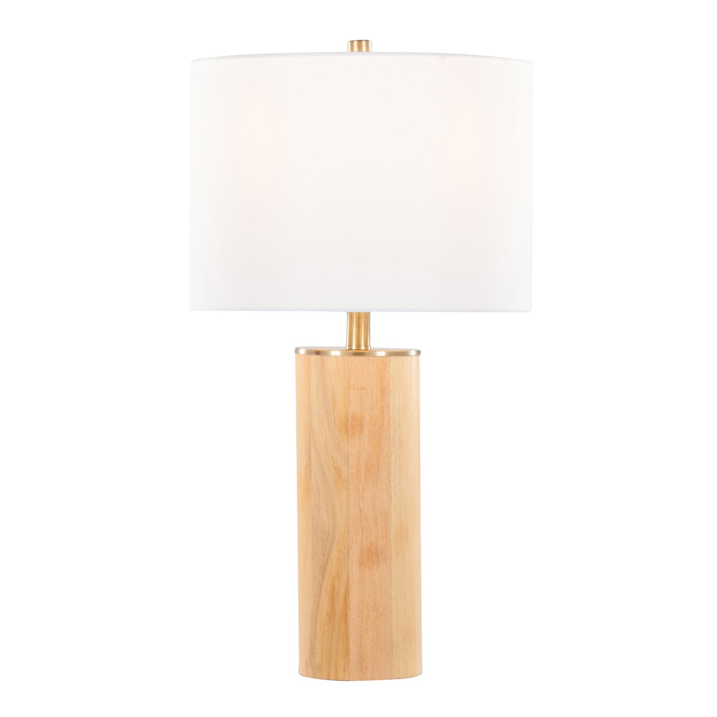 The Cylinder - Ash Contemporary Table Lamp features an ash wood cylindrical base, antique brass accents, and a large white drum lampshade, shown against a plain white background.