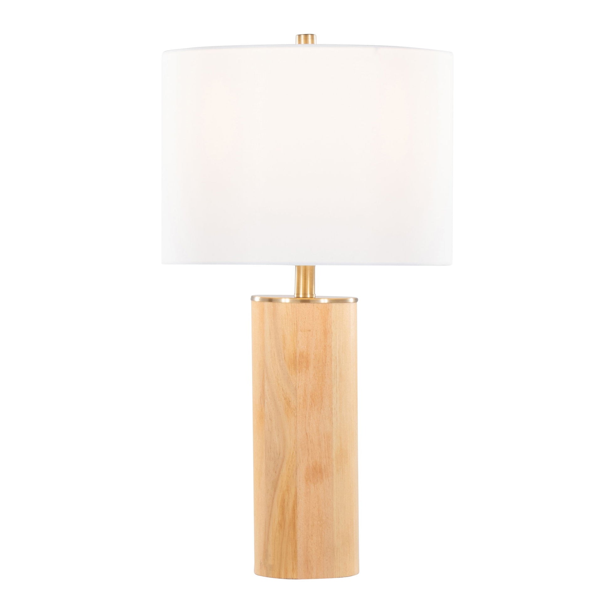 The Cylinder - Ash Contemporary Table Lamp features an ash wood cylindrical base, antique brass accents, and a large white drum lampshade, shown against a plain white background.