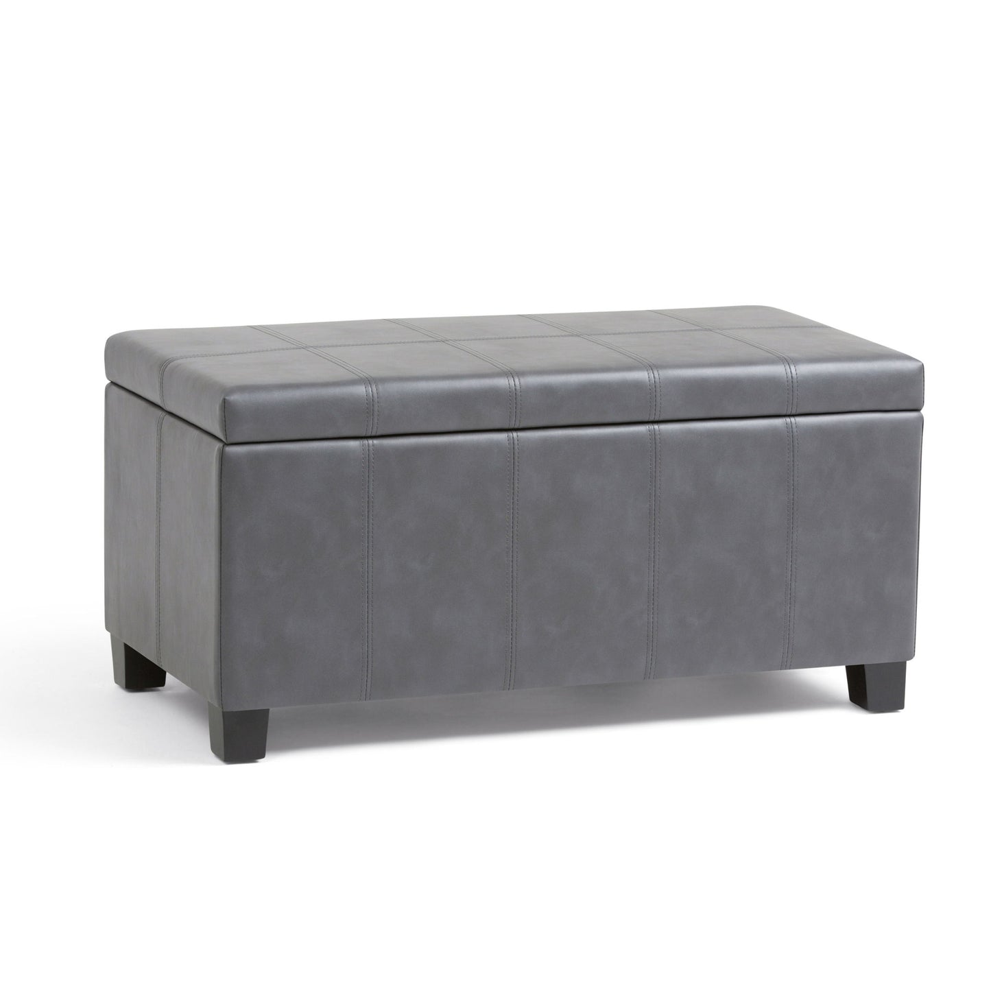 The Dover Upholstered Storage Ottoman Bench is a rectangular gray bench with short black legs, a tufted lid, and a simple modern design—perfect for stylish storage.