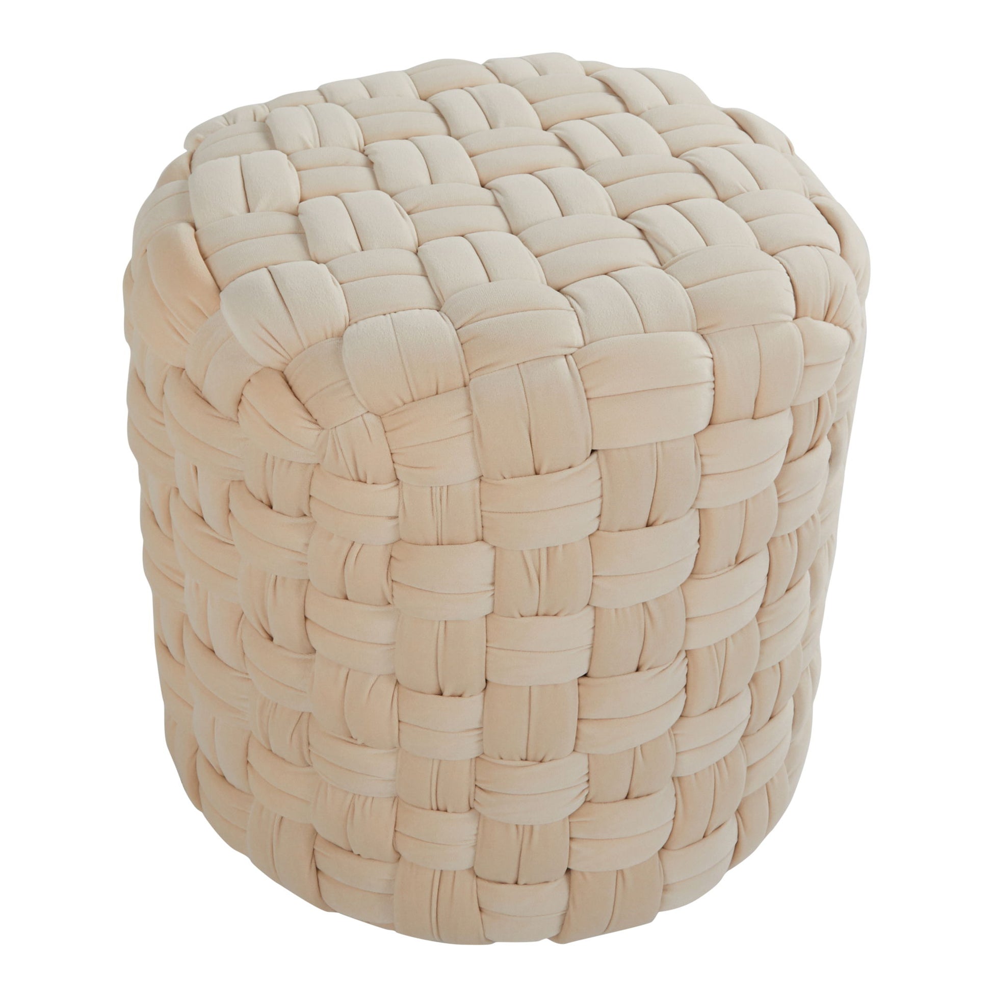 The Braided - Versatile Round Ottoman features a chunky, woven beige fabric design that covers the entire surface, giving it a cozy, modern look with soft texture and contemporary appeal.