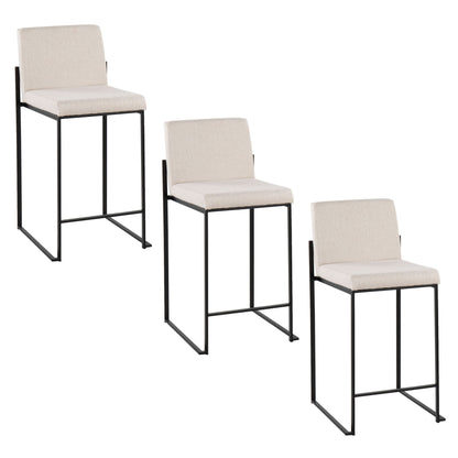 Set of three Fuji High Back Counter Stools featuring beige cushioned seats and backs with black metal frames, shown against a white background.