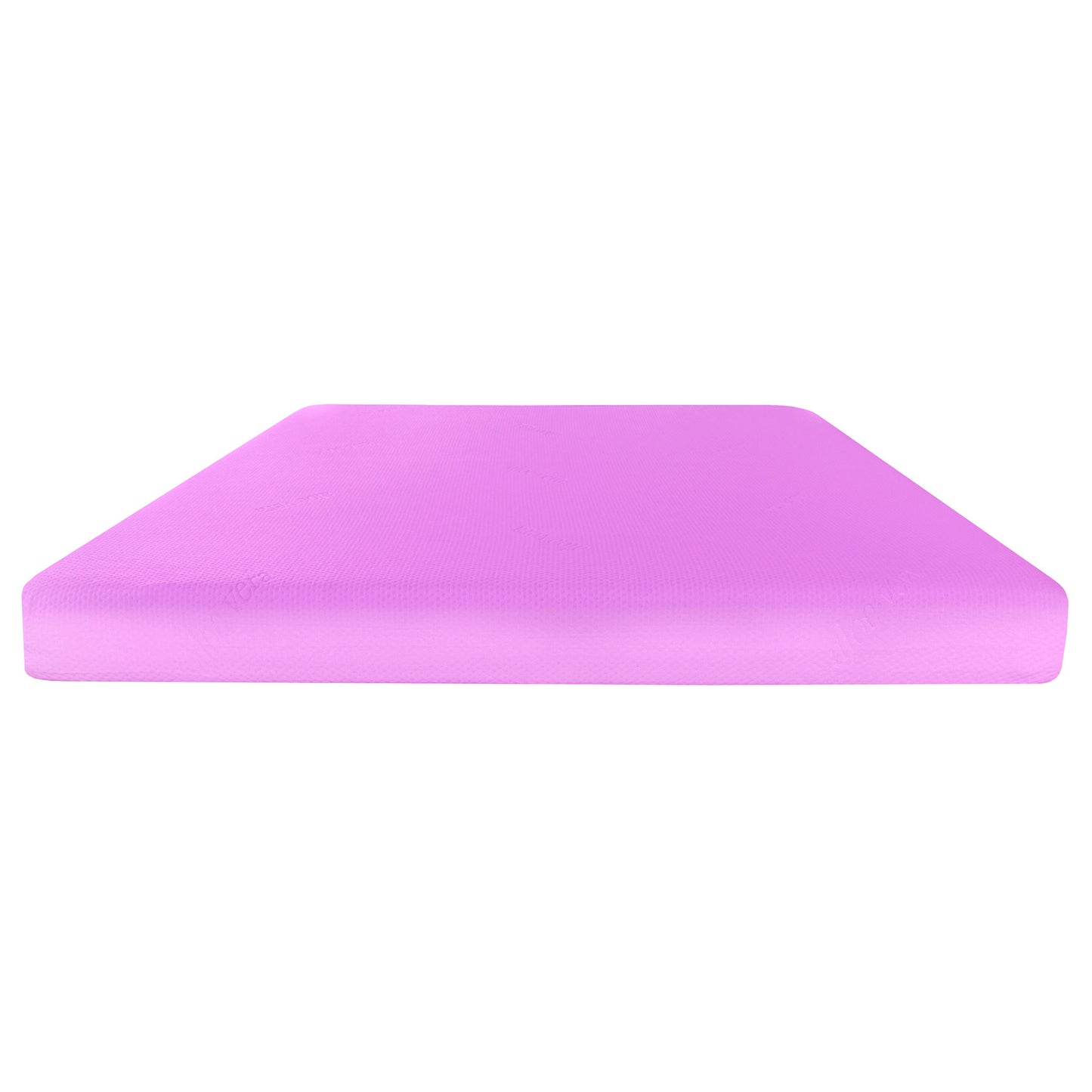 A rectangular, flat, pink 6" full size gel memory foam mattress in a box with an aloe vera cover is shown from the front, featuring smooth edges and a simple solid color design against a white background.