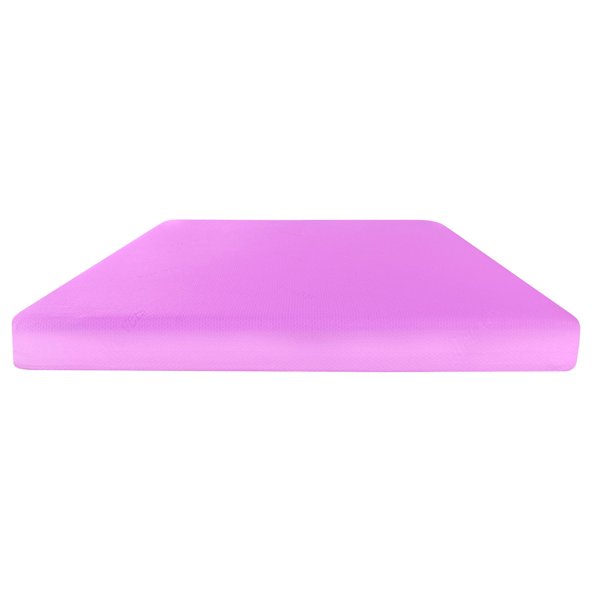A rectangular, flat, pink 6" full size gel memory foam mattress in a box with an aloe vera cover is shown from the front, featuring smooth edges and a simple solid color design against a white background.