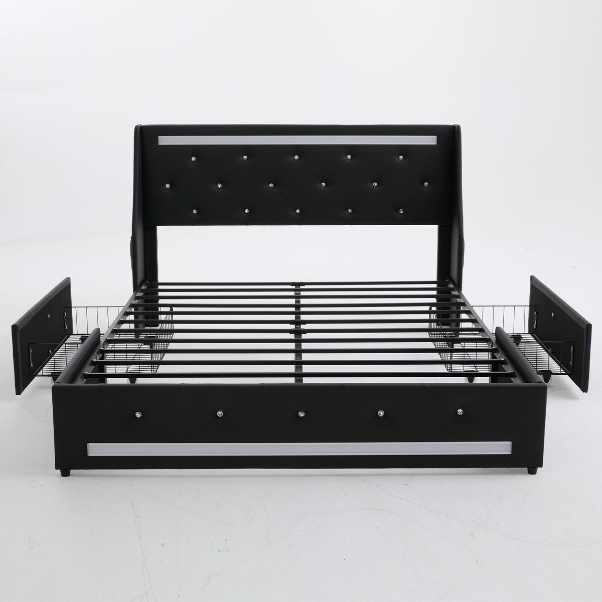 Wingback Upholstered Bed Frame With LED Lights, Charging Station