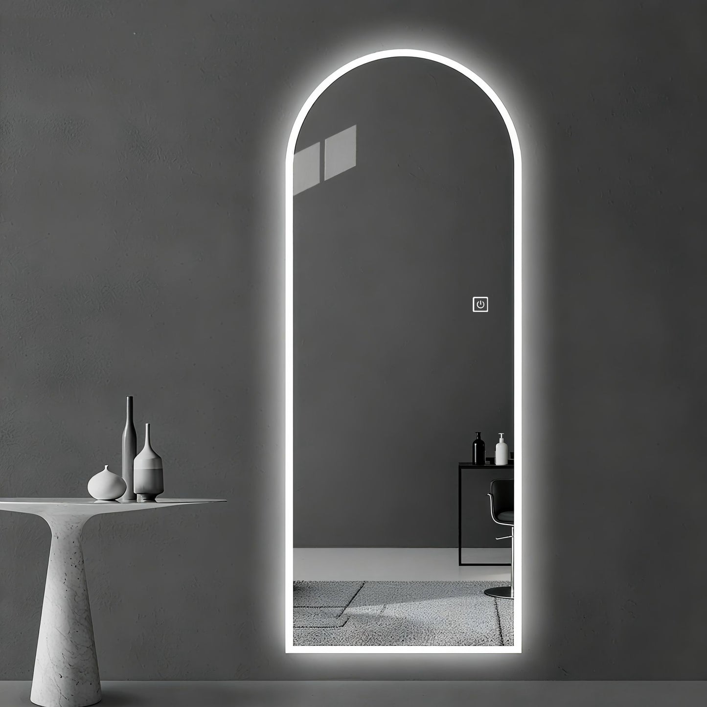 LED Full Length Wall Mirror With Symmetrical Arch Design, Dimmable 3 Color Temperature Lighting - Silver