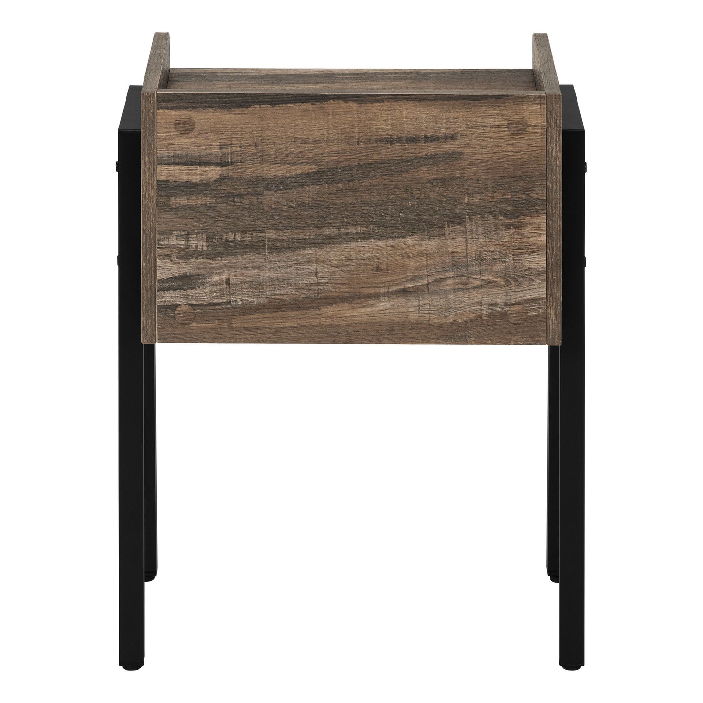 The Accent Table features a contemporary and modern design with a rustic wooden top and four straight black metal legs, shown from the side angle.