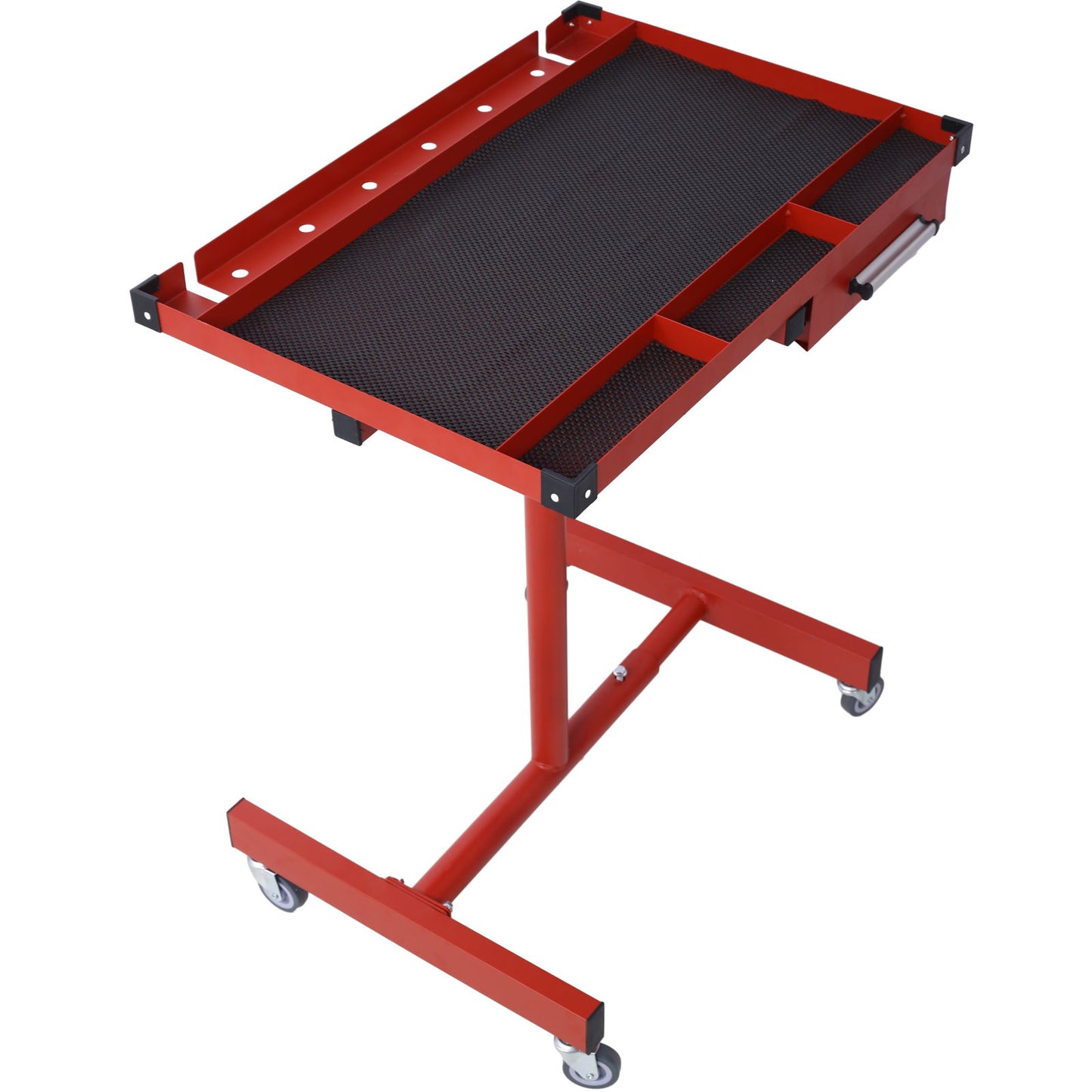 Adjustable tear down work table with drawer for garages, repair shops, and DIY; portable with (4) 2.5" swivel casters, 220 lb capacity, rubber corners, and heavy duty steel construction for mobility and durability.