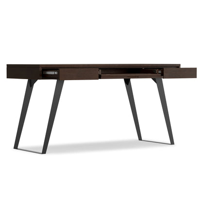 The Lowry - Handcrafted Desk showcases a minimalist, contemporary design with dark wood, angled black metal legs, and three drawers—one open for display.