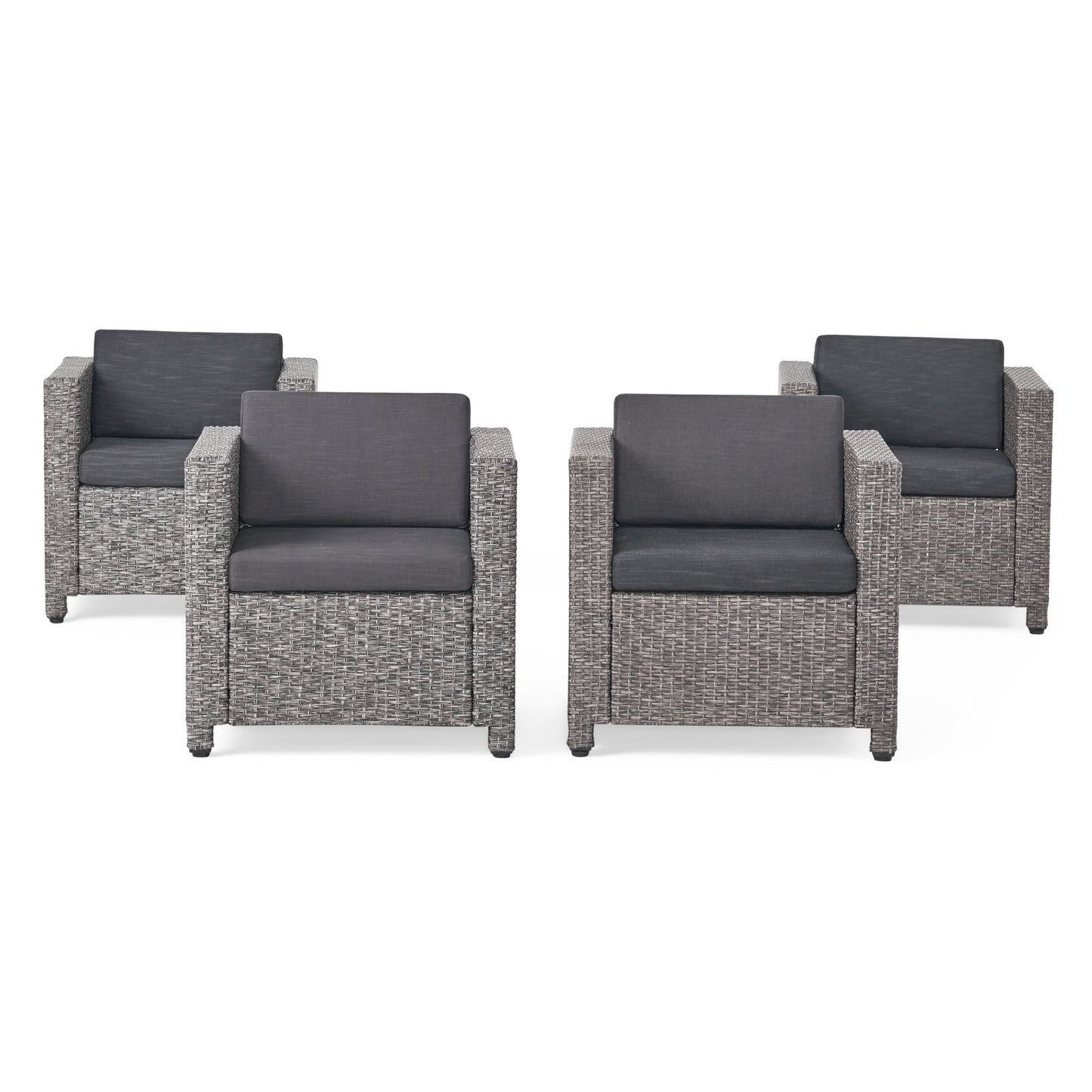 Four Stylish Outdoor Club Chairs with gray wicker frames and weather-resistant dark gray cushions, grouped together against a white background.