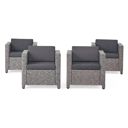 Four Stylish Outdoor Club Chairs with gray wicker frames and weather-resistant dark gray cushions, grouped together against a white background.