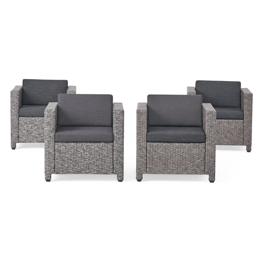 Four Stylish Outdoor Club Chairs with gray wicker frames and weather-resistant dark gray cushions, grouped together against a white background.