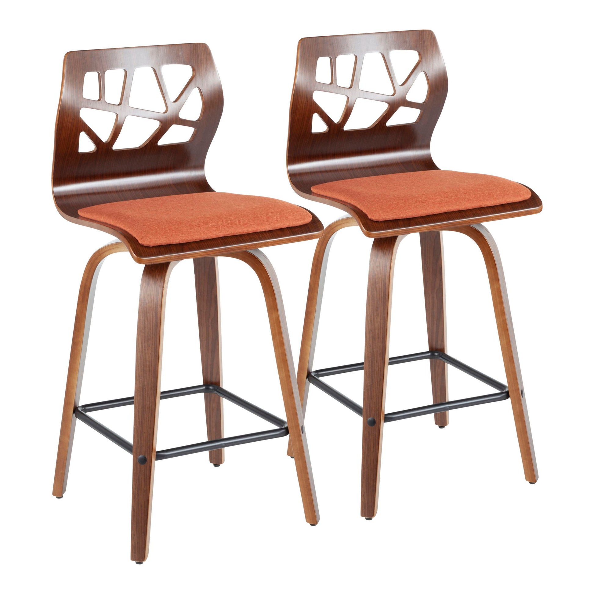 Set of 2 Folia Mid Century Modern fixed height counter stools with wooden frames, curved legs, geometric cutout backs, orange seat cushions, and black metal footrests. Swivel feature included.