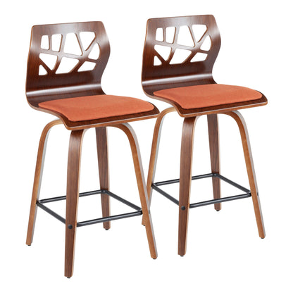 Set of 2 Folia Mid Century Modern fixed height counter stools with wooden frames, curved legs, geometric cutout backs, orange seat cushions, and black metal footrests. Swivel feature included.