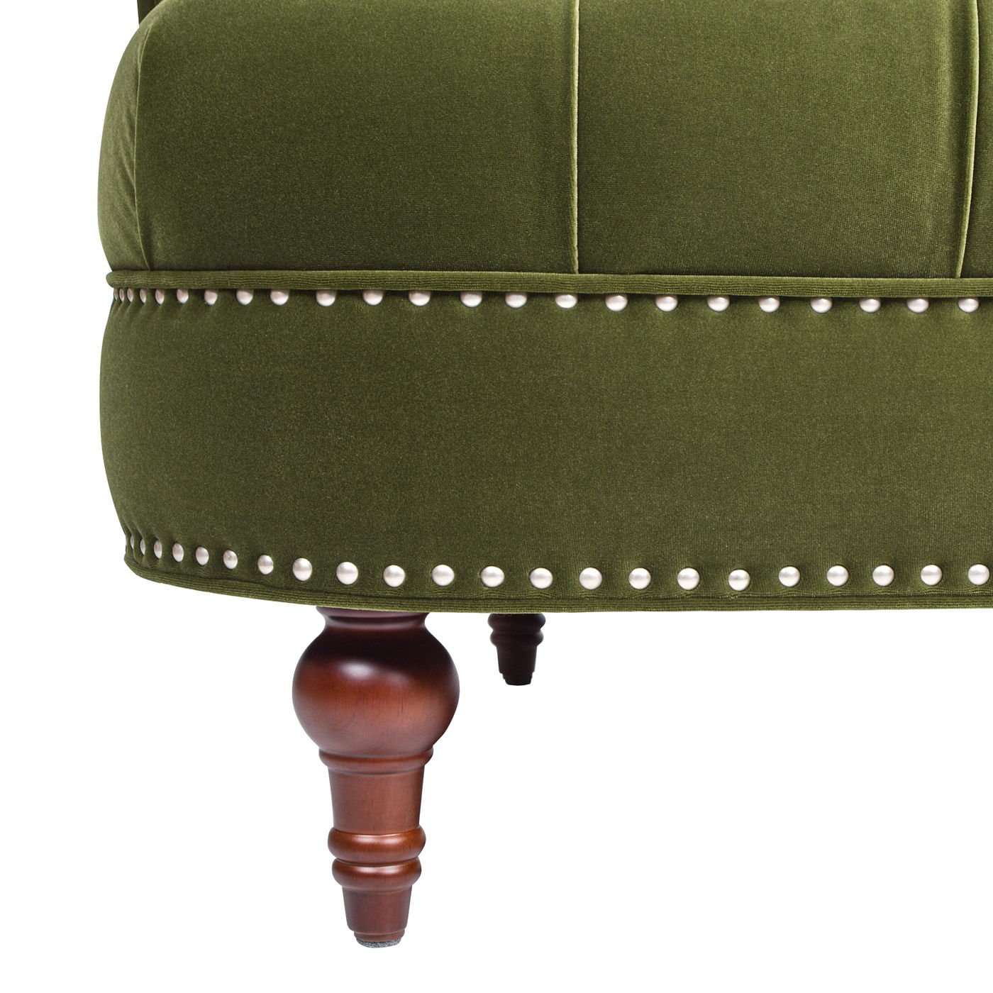 Close-up of the La Rosa - Victorian Chesterfield Loveseat featuring green upholstery, decorative silver studs along the edge, and a wooden turned leg.