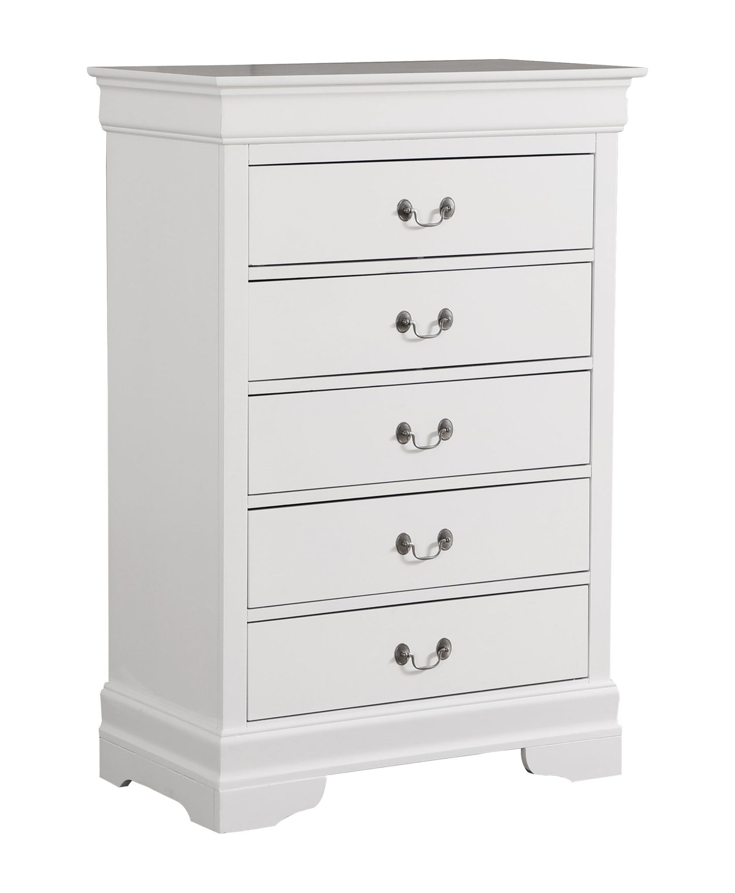 The Traditional Style Storage Chest Elegant is a white wooden chest with five drawers, each with two metal handles. It features a smooth finish, classic design, and subtly decorative base and top edges.