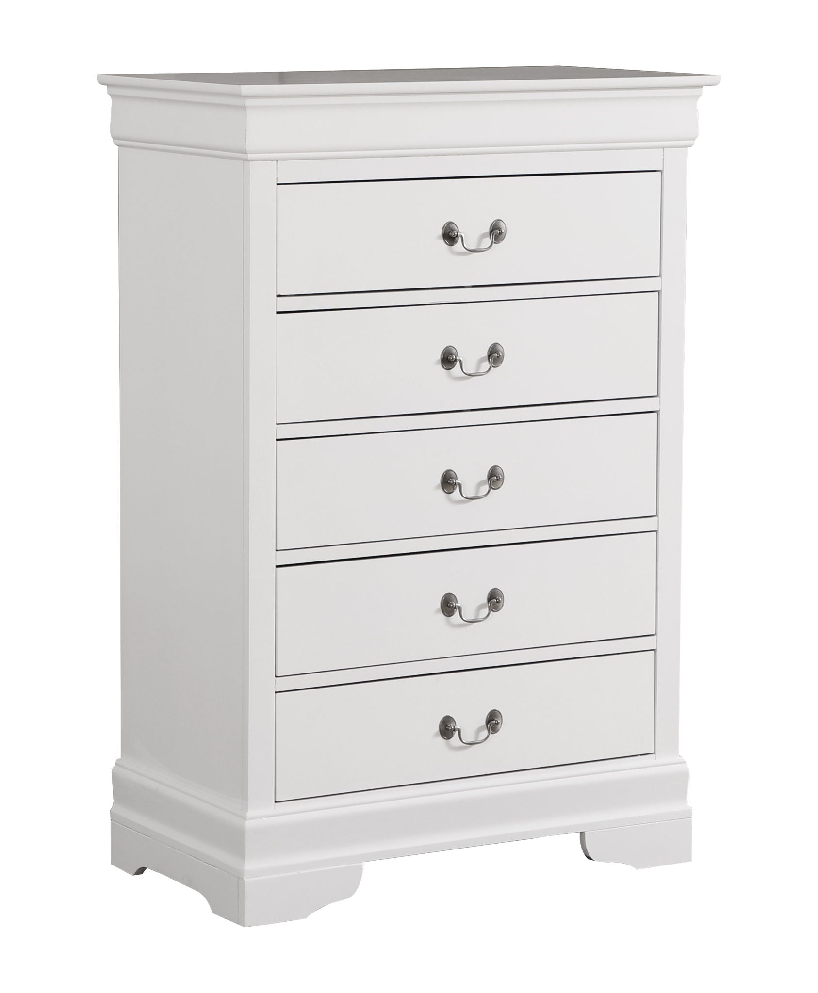 The Traditional Style Storage Chest Elegant is a white wooden chest with five drawers, each with two metal handles. It features a smooth finish, classic design, and subtly decorative base and top edges.