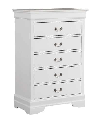 The Traditional Style Storage Chest Elegant is a white wooden chest with five drawers, each with two metal handles. It features a smooth finish, classic design, and subtly decorative base and top edges.