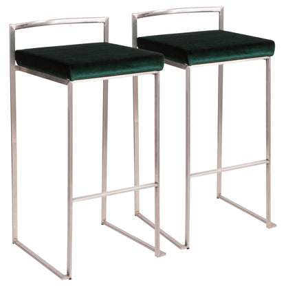 Two Fuji stackable barstools, featuring contemporary minimalist design with metal frames, dark green cushioned seats, and low rectangular backrests, are positioned side by side.