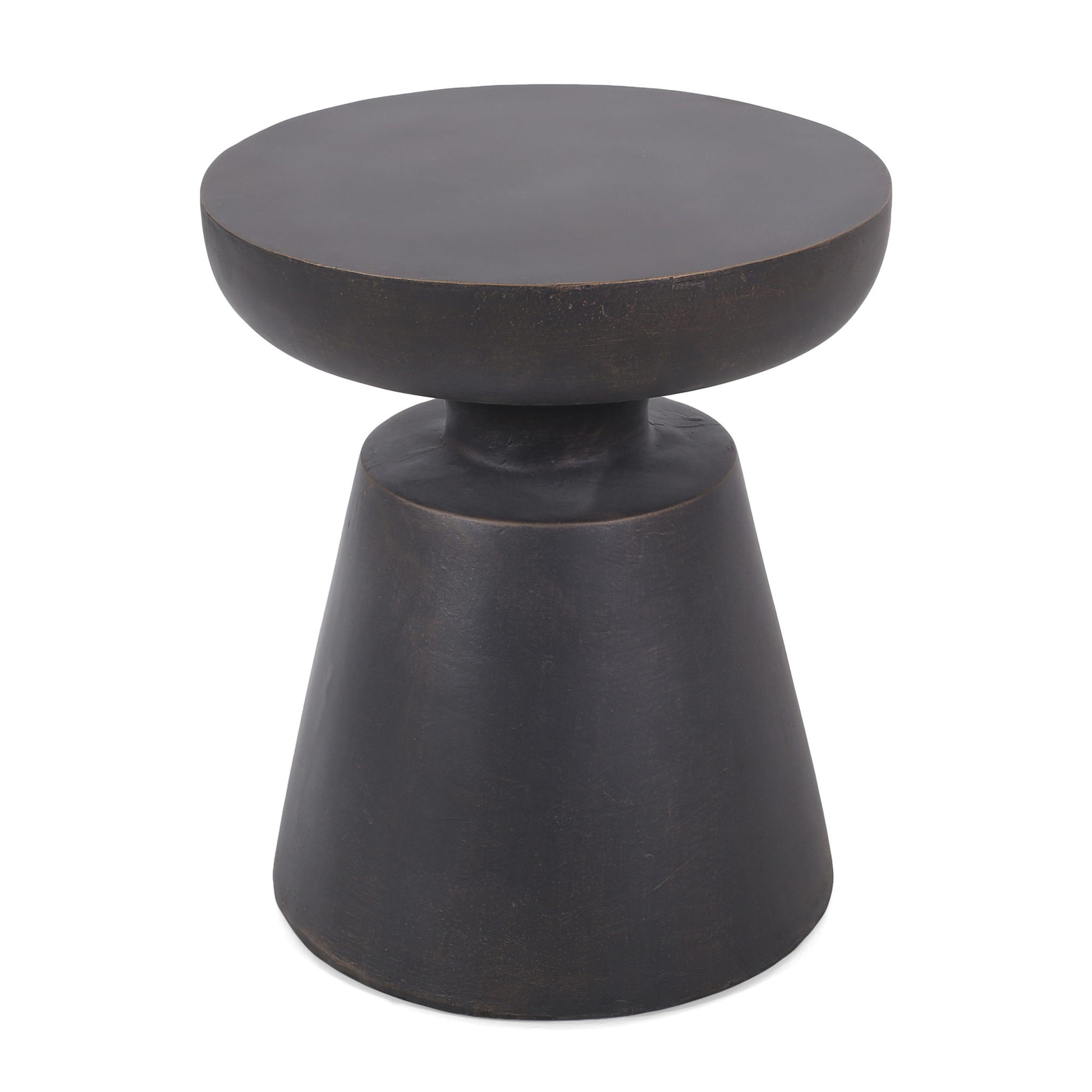 A modern copper outdoor end table with a half-sphere top, crafted from lightweight concrete and featuring a wide, tapered base and smooth finish.