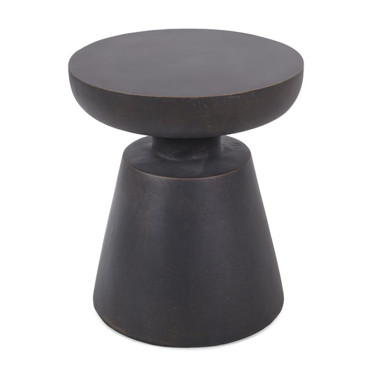 A modern copper outdoor end table with a half-sphere top, crafted from lightweight concrete and featuring a wide, tapered base and smooth finish.