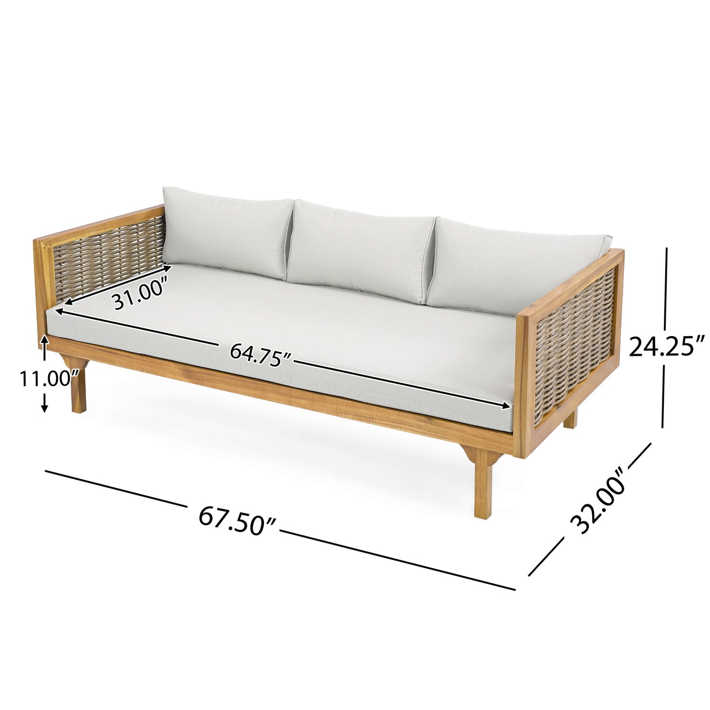 The Claremont 3 Seater Daybed features teak acacia wood, woven sides, water-resistant white cushions (64.75" x 31"), and measures 67.5" L x 32" D x 24.25" H with an 11" seat height.