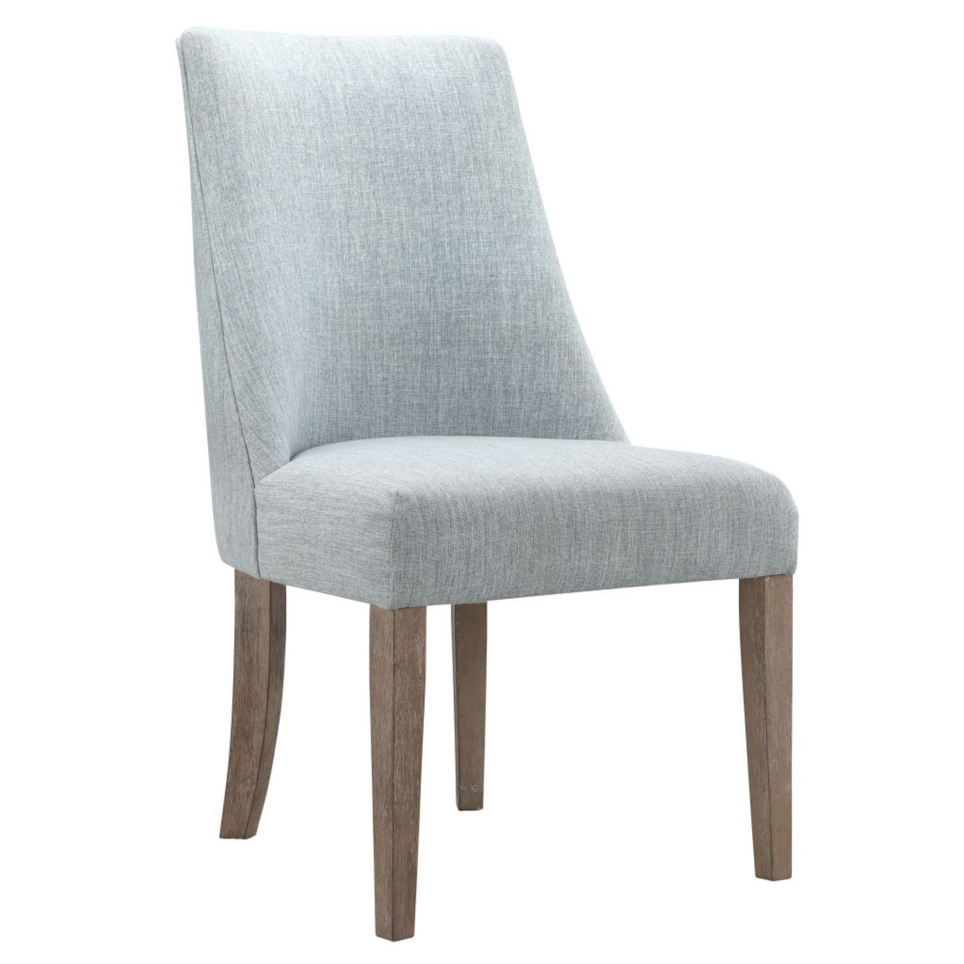 The Comfortable Dining Chair Upholstered (Set of 2) features light gray fabric, a curved high back, and four straight wooden legs in a natural finish, all showcased against a white background.