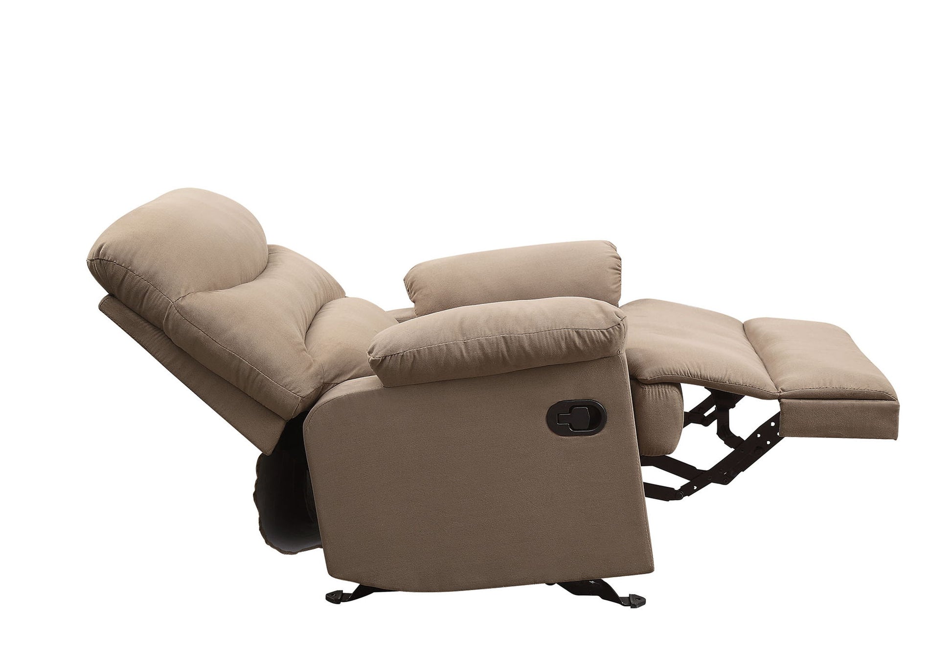 The Arcadia - Micro Motion Glider Recliner is shown fully reclined with the footrest extended, highlighting its plush cushions and padded armrests against a white background.