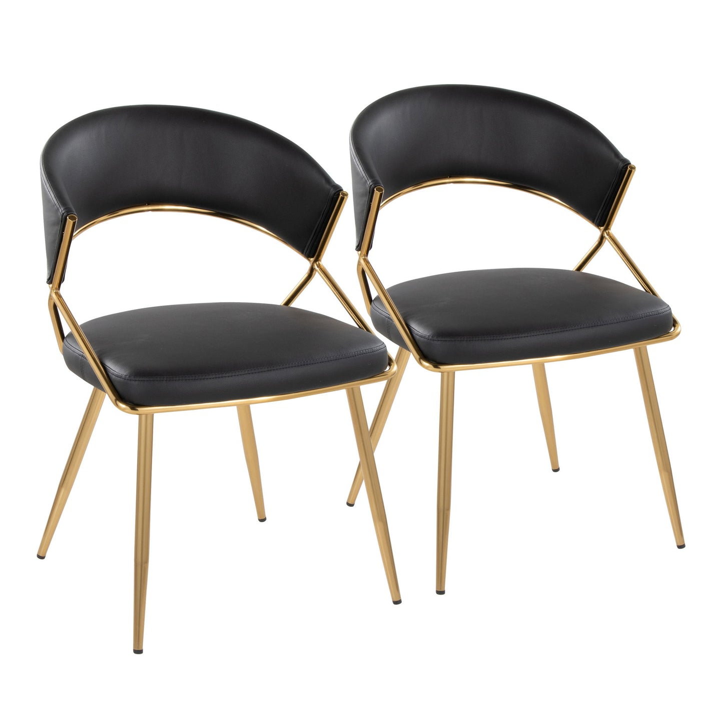A set of two Jie - Glam Dining Chairs with black cushioned seats and backs, sleek gold metal frames and legs, placed side by side against a white background.