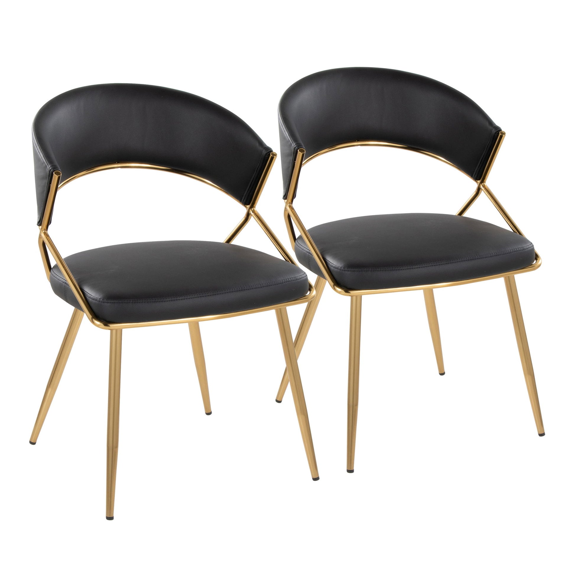 A set of two Jie - Glam Dining Chairs with black cushioned seats and backs, sleek gold metal frames and legs, placed side by side against a white background.