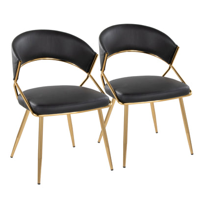 A set of two Jie - Glam Dining Chairs with black cushioned seats and backs, sleek gold metal frames and legs, placed side by side against a white background.
