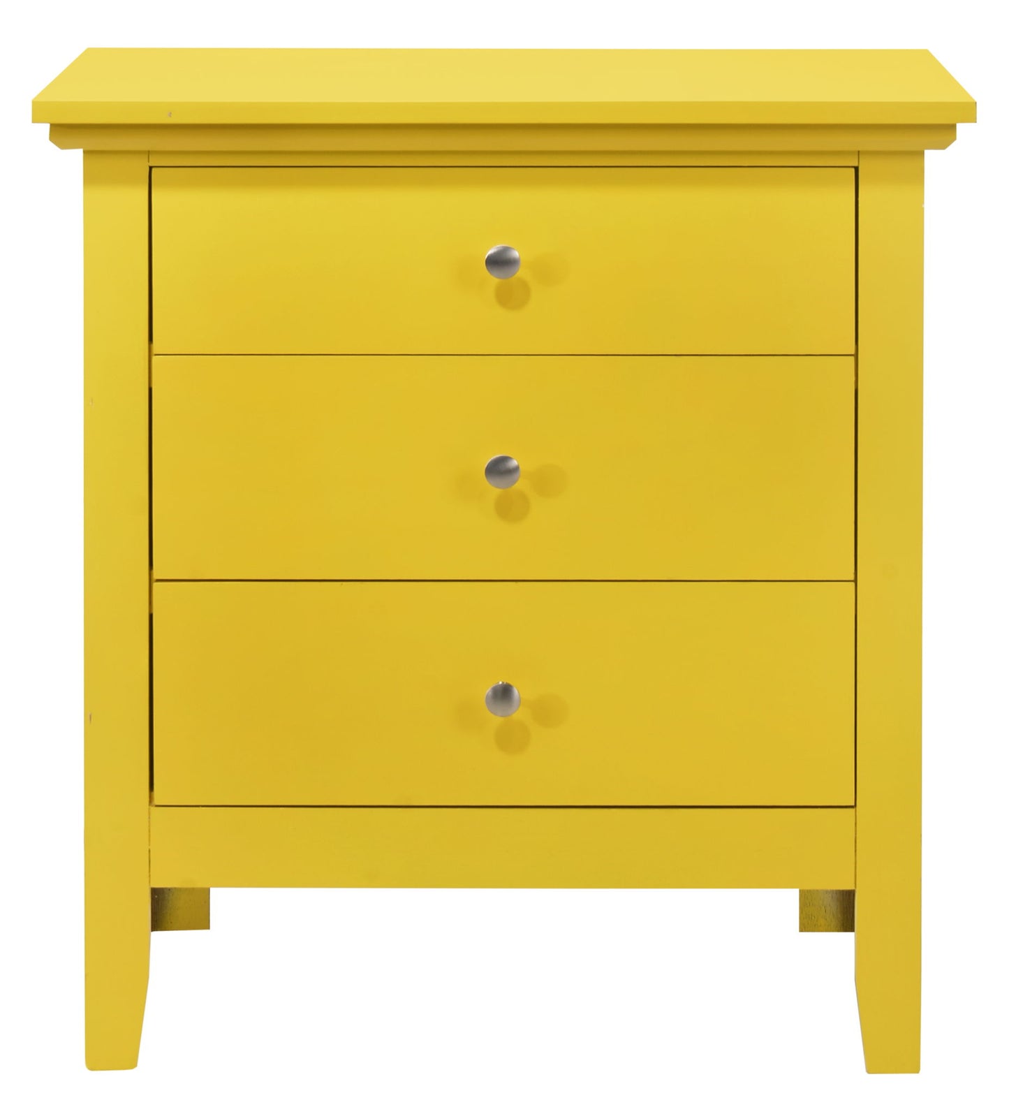 The Hammond - 3 Drawer Nightstand is a yellow wooden dresser with three drawers, each fitted with round silver knobs, and stands on four legs.