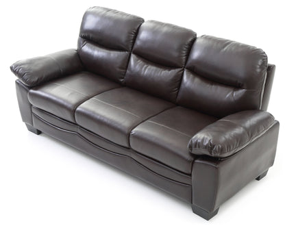 The Marta - Sofa is a dark brown leather piece featuring three seat cushions and padded armrests, displayed on a white background.