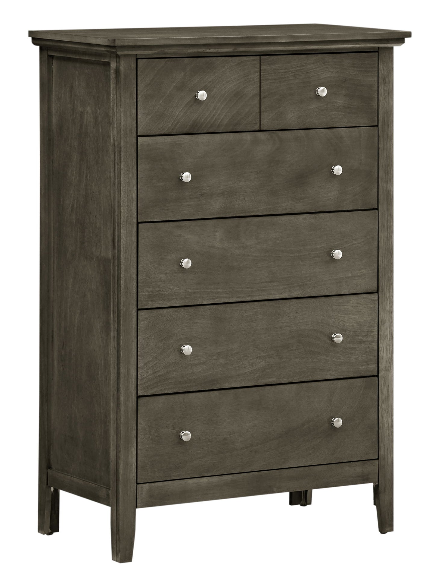 The Hammond - Chest is a dark wood dresser with five drawers—two small ones on top and three larger ones below—each fitted with round metal knobs. Its clean lines give it a simple, modern look.