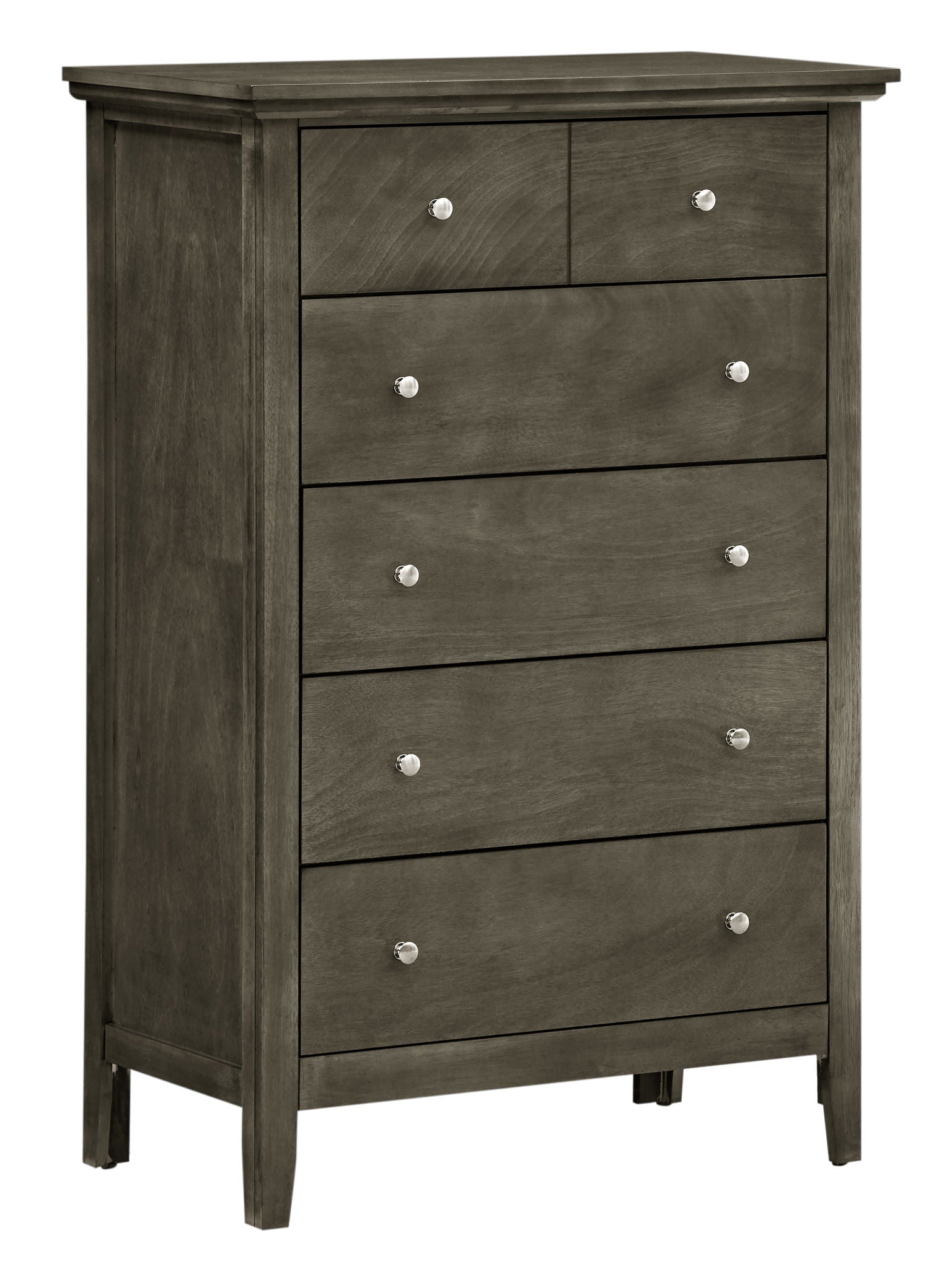 The Hammond - Chest is a dark wood dresser with five drawers—two small ones on top and three larger ones below—each fitted with round metal knobs. Its clean lines give it a simple, modern look.