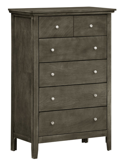 The Hammond - Chest is a dark wood dresser with five drawers—two small ones on top and three larger ones below—each fitted with round metal knobs. Its clean lines give it a simple, modern look.