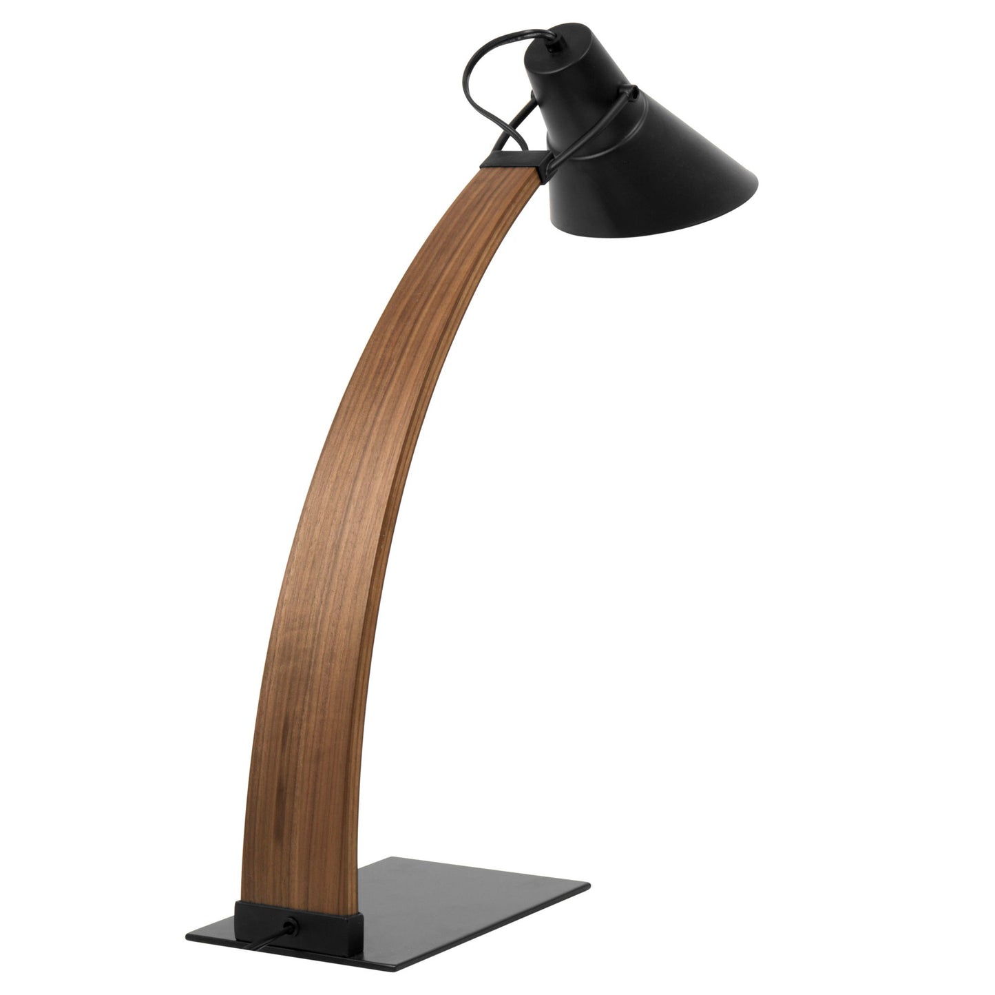 The Noah - Contemporary Table Lamp features a curved wooden base, a black metal lampshade, and stands on a rectangular black metal platform.