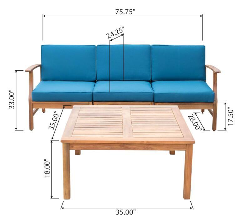 The Perla - 3 Seater Sofa And Table Set features a wooden outdoor sofa with blue cushions and armrests, paired with a matching rectangular coffee table. Dimensions for each piece and their parts are labeled in inches.