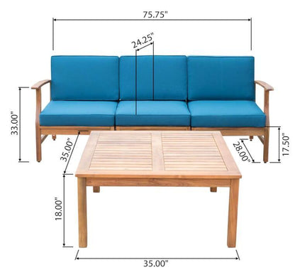 The Perla - 3 Seater Sofa And Table Set features a wooden outdoor sofa with blue cushions and armrests, paired with a matching rectangular coffee table. Dimensions for each piece and their parts are labeled in inches.