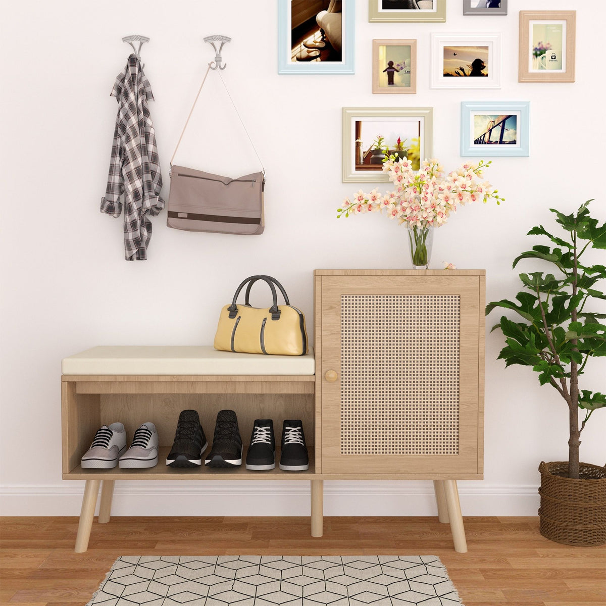 2 In 1 Shoe Storage Bench With Adjustable Shelves - Antique Natural / Rattan