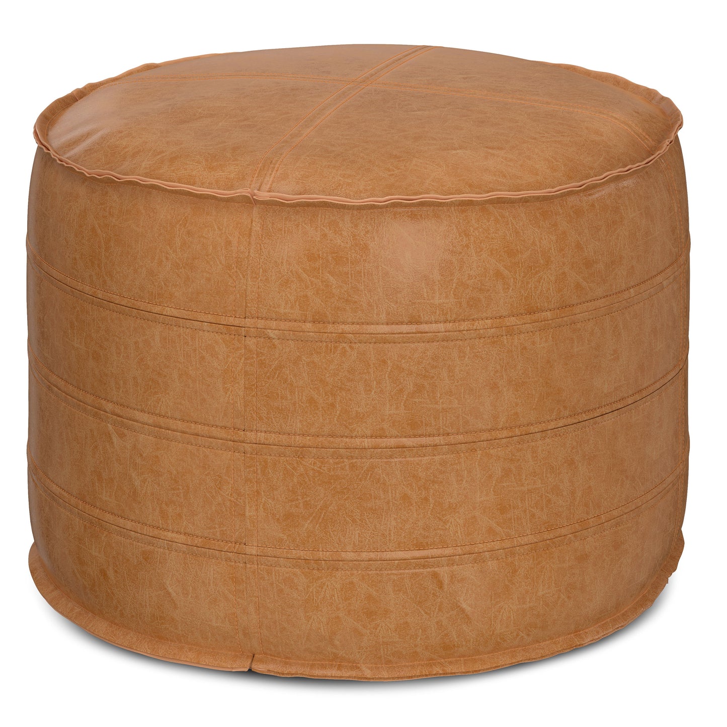 The Brody - Round Pouf is a tan leather ottoman featuring visible stitching and a slightly textured surface, shown against a white background.
