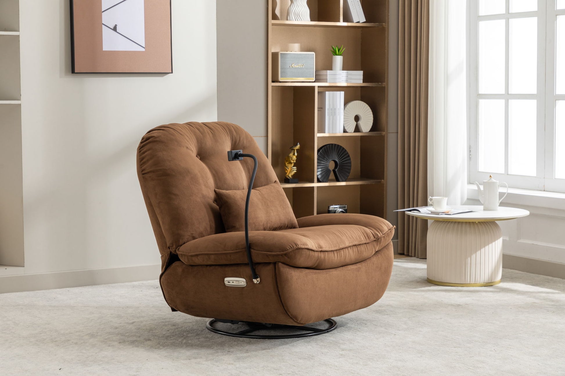 A Power Recliner Swivel Glider with USB Charger and Bluetooth Music Player sits on a light carpet in a modern living room, near a bookshelf and round side table by a bright window. Ideal for sleep, work, gaming, and leisure.