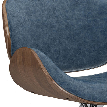 Close-up of the Marana Multifunctional Handcrafted Bentwood Adjustable Swivel Bar Stool, showcasing its curved wooden edges and blue upholstered seat and backrest.