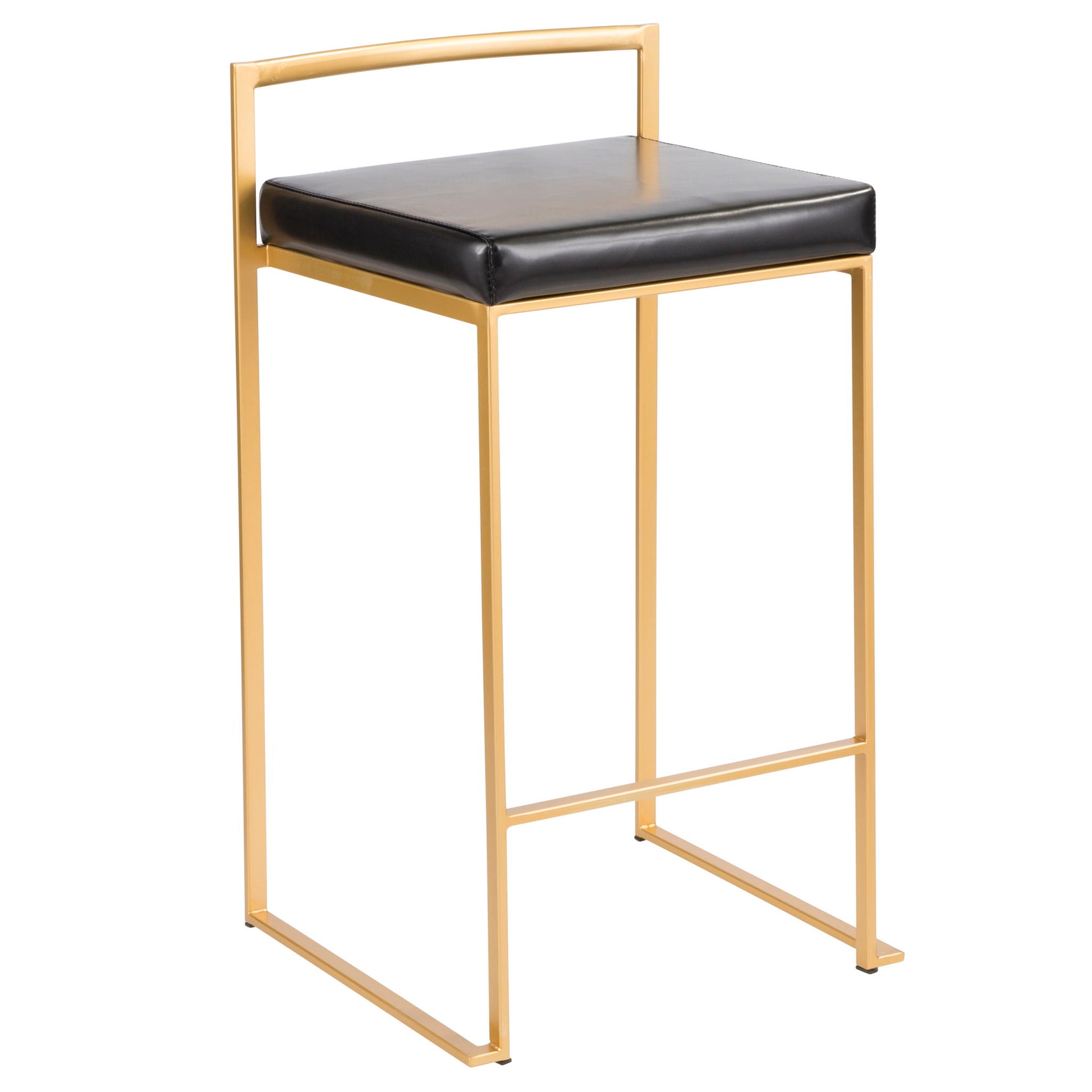 The Fuji Contemporary/Glam Design Counter Stool (Set of 2) features a gold metal frame, square black cushioned seat, minimalist backrest, and an open geometric base for a sleek modern look.