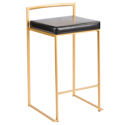 The Fuji Contemporary/Glam Design Counter Stool (Set of 2) features a gold metal frame, square black cushioned seat, minimalist backrest, and an open geometric base for a sleek modern look.