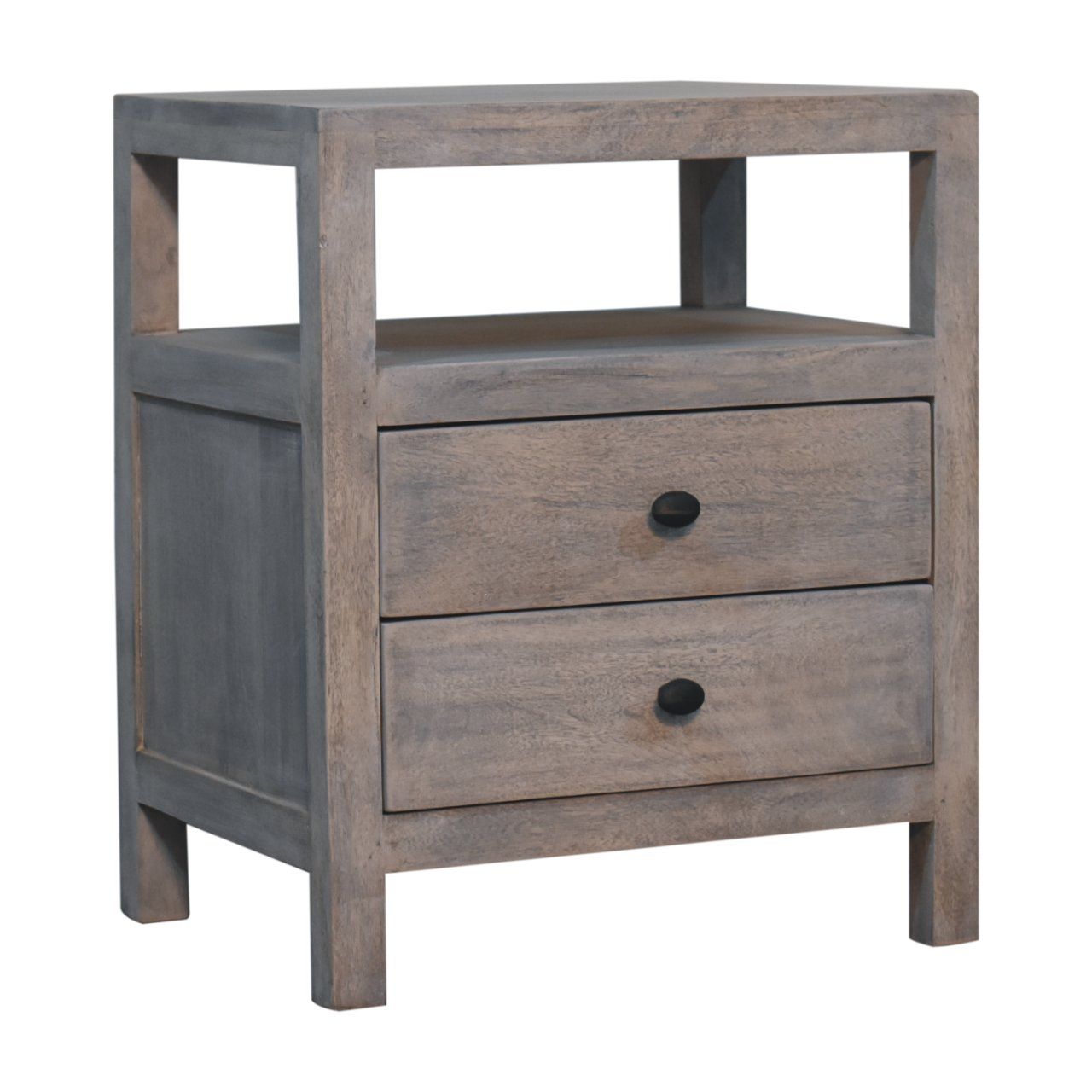 The Acid 2 Drawer Open Bedside Table in Gray Ash features a rustic wooden finish, two drawers with round black knobs, an open shelf above, and a simple, sturdy design.