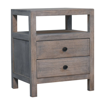 The Acid 2 Drawer Open Bedside Table in Gray Ash features a rustic wooden finish, two drawers with round black knobs, an open shelf above, and a simple, sturdy design.