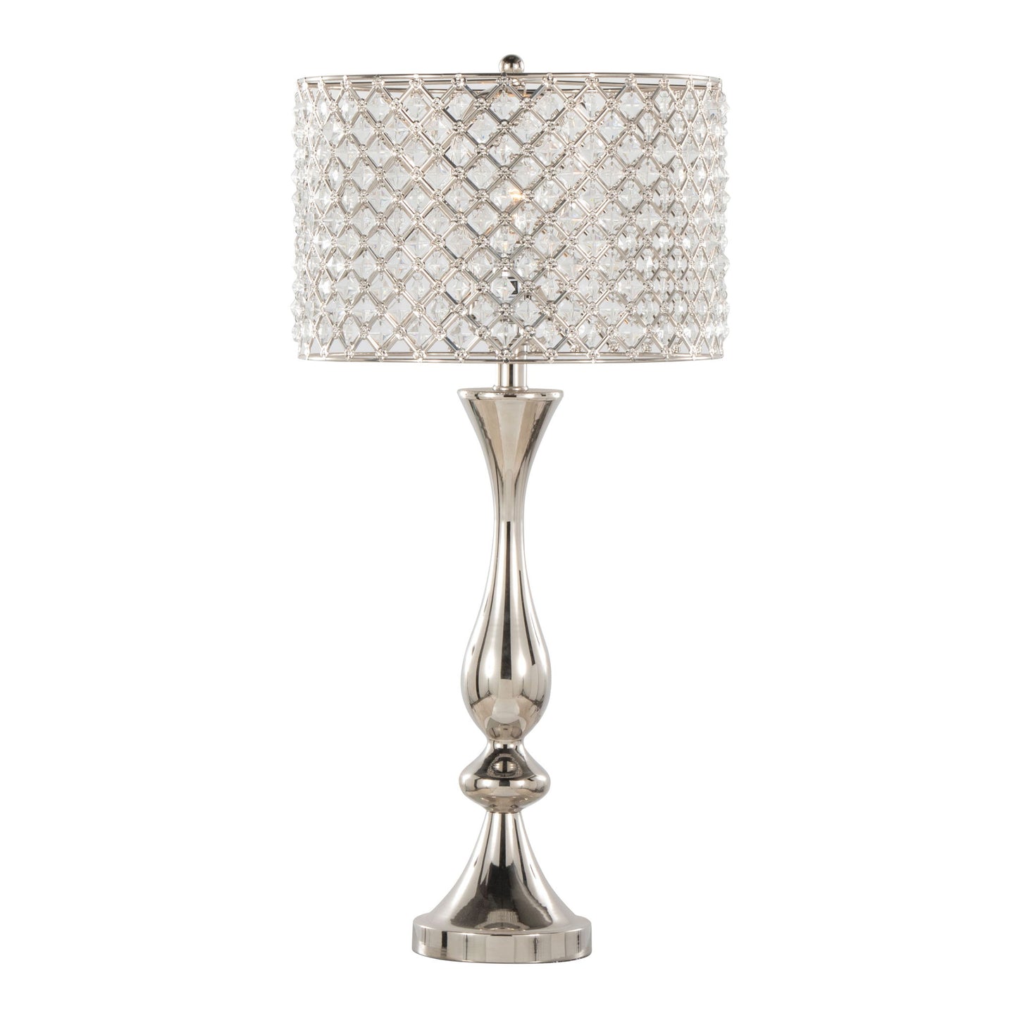 The Topaz - Contemporary Table Lamp features a tall, elegant design with a shiny silver base and a cylindrical lampshade decorated with diamond-patterned crystal accents.